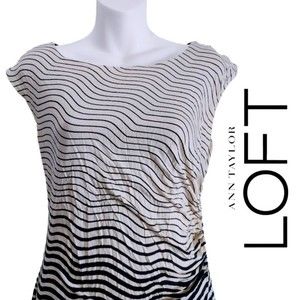Loft Black and Cream Striped Knee Length Dress - Medium